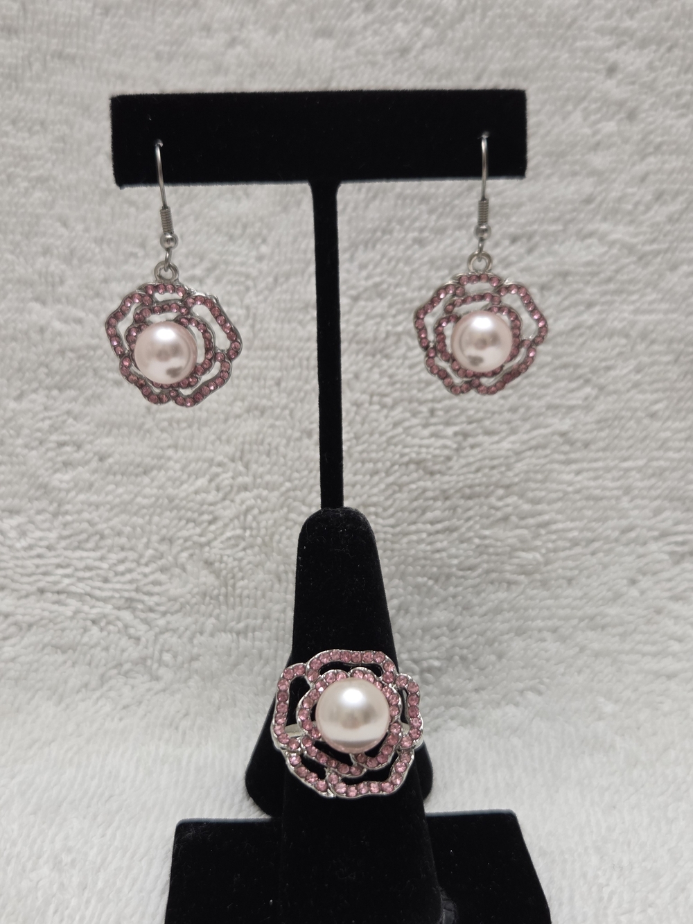 Simulated Pink Pearl & Pink Austrian Crystal Rose Earrings and Ring Set